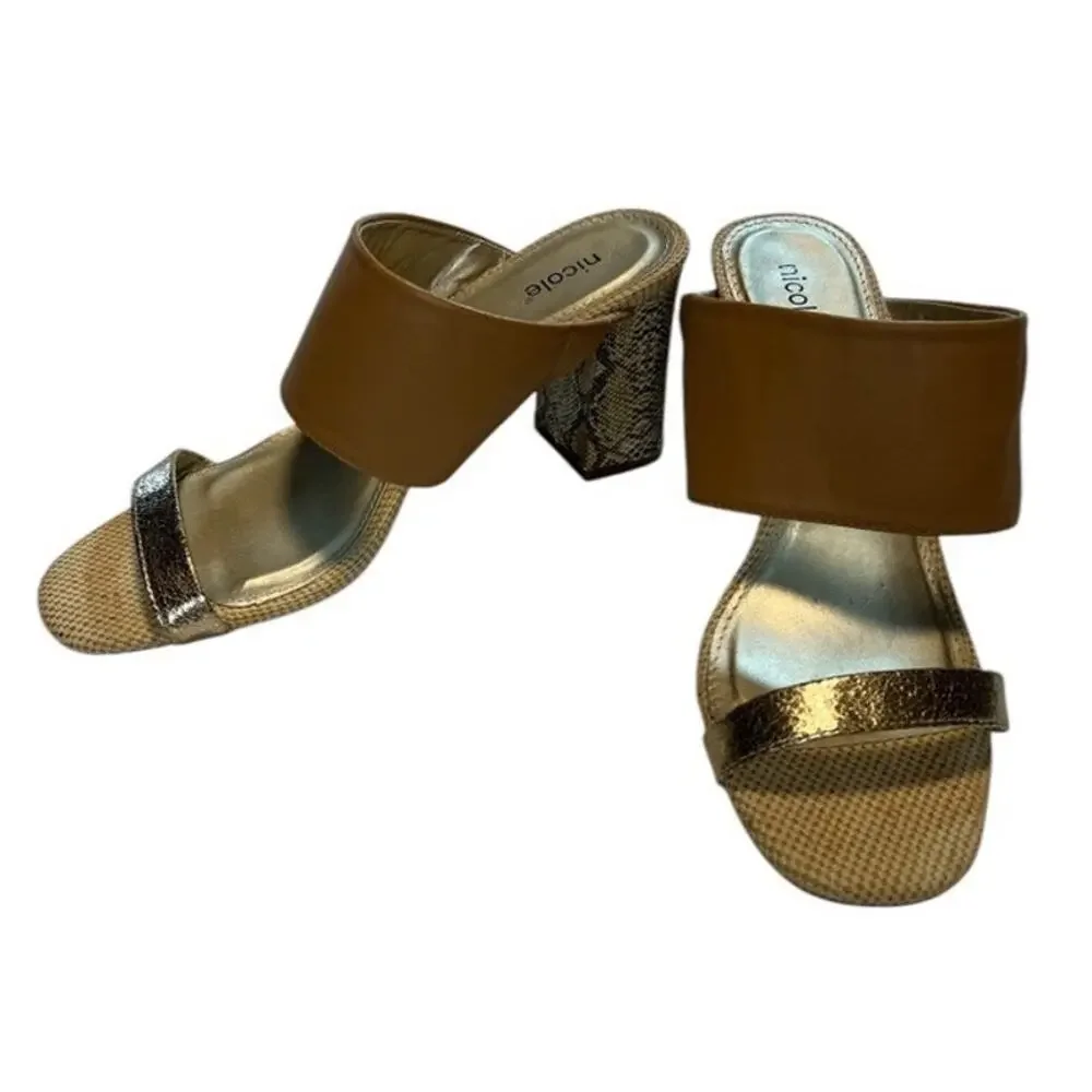 Nicole Briar snakeskin block heel sandal, Brown & Metallic Gold, 10m NWOB - Picture 6 of 13